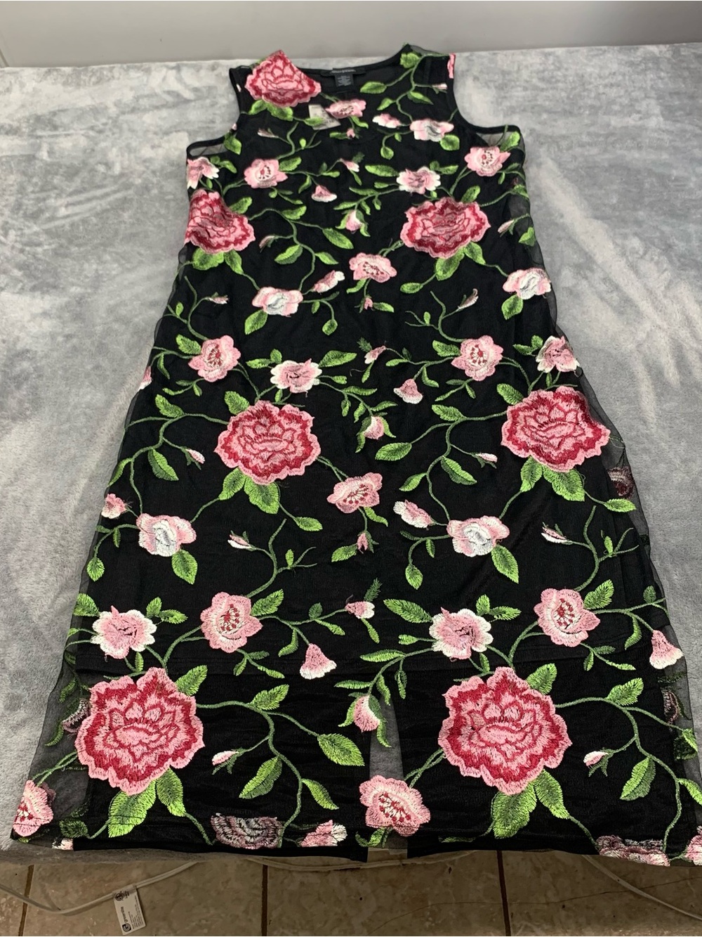 Ashley Stewart Black Midi Dress with Pink Rose Embroideryr size 12 NWT